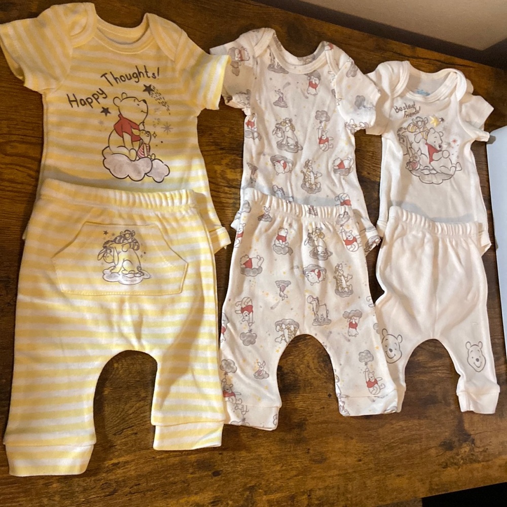 Disney Baby Winnie the poo. 3 newborn onesies with matching newborn pants.